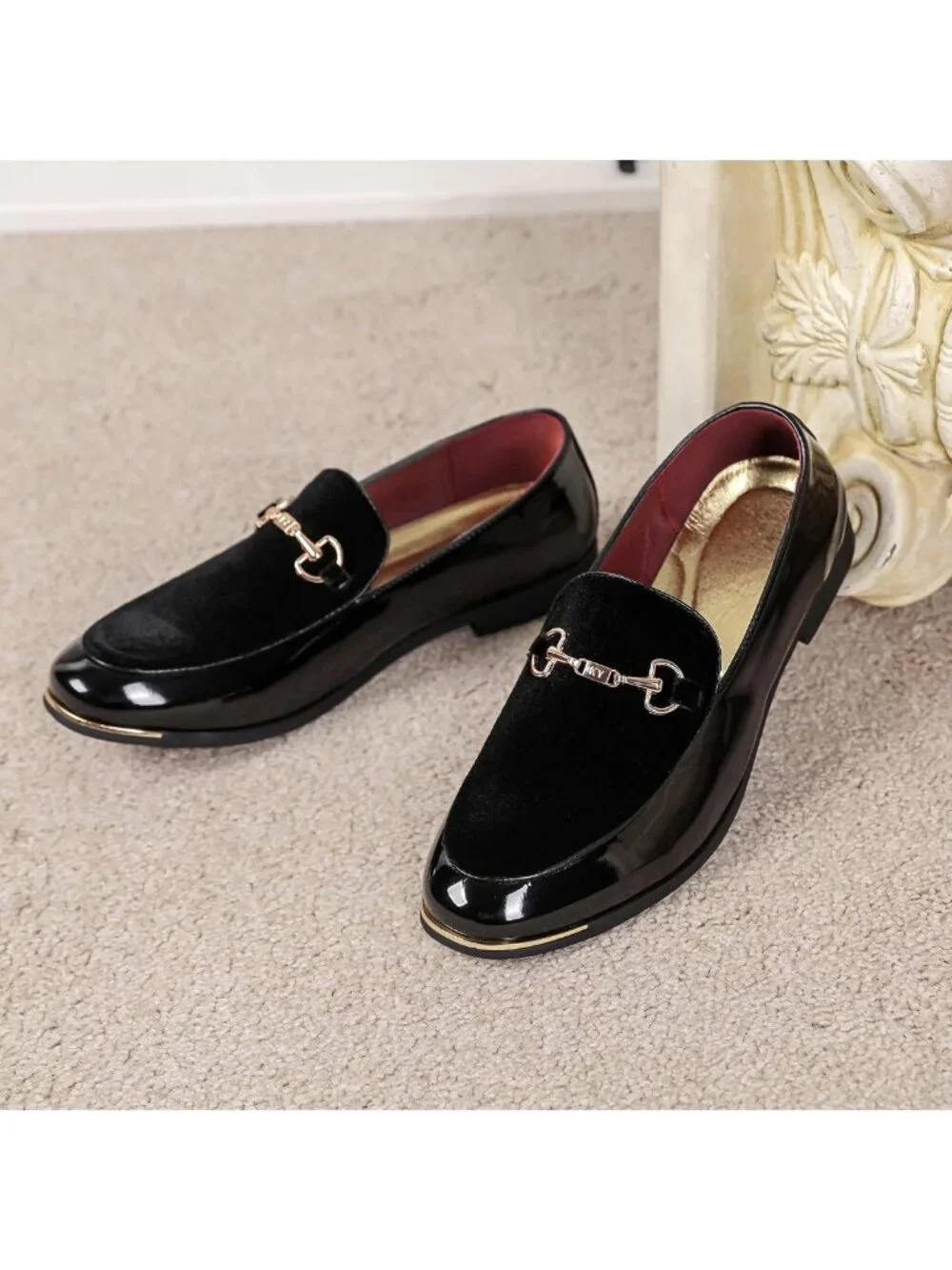 Men's Luxury Velvet & Patent Leather Loafers with Gold Buckle - Dress Shoes 7-13